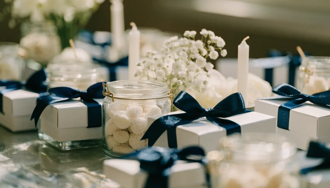 Cadeaux d'invités : boîtes blanches nouées de ruban bleu marine et dragées