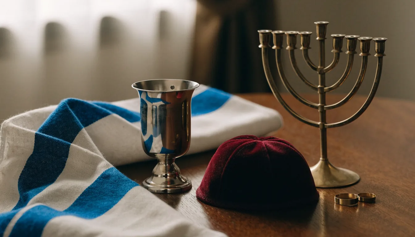 Objets rituels juifs : coupe de kiddouch, talith, kippa, menorah et alliances