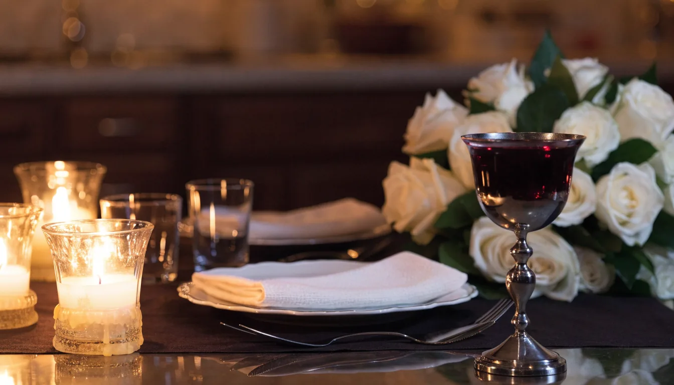 Table de Chabbat dressée le vendredi soir, coupe de kiddouch et bougies allumées