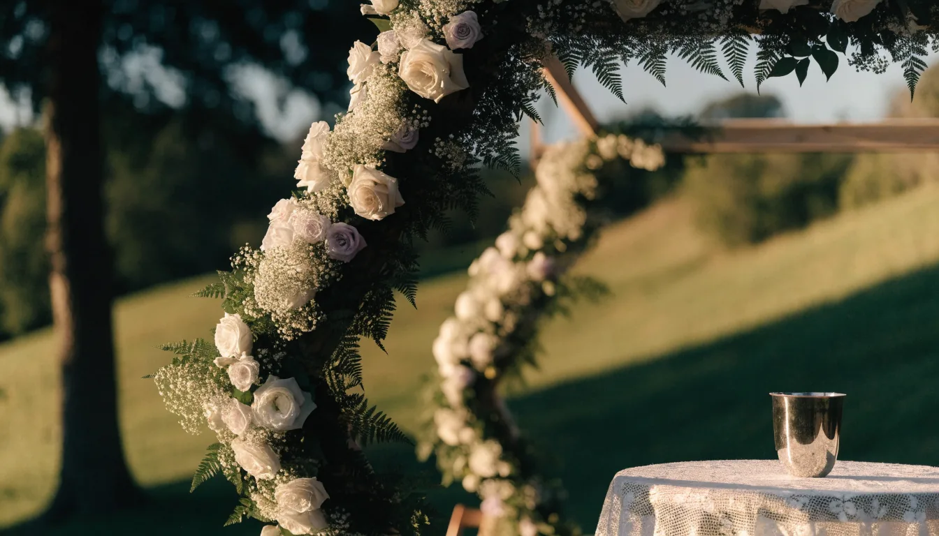 Houppa décorée de fleurs blanches, coupe de vin posée sur une petite table