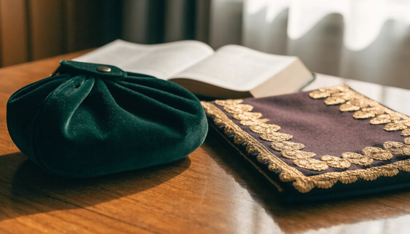 Pochettes de téfilines et de talith brodées à côté d'un livre de prières