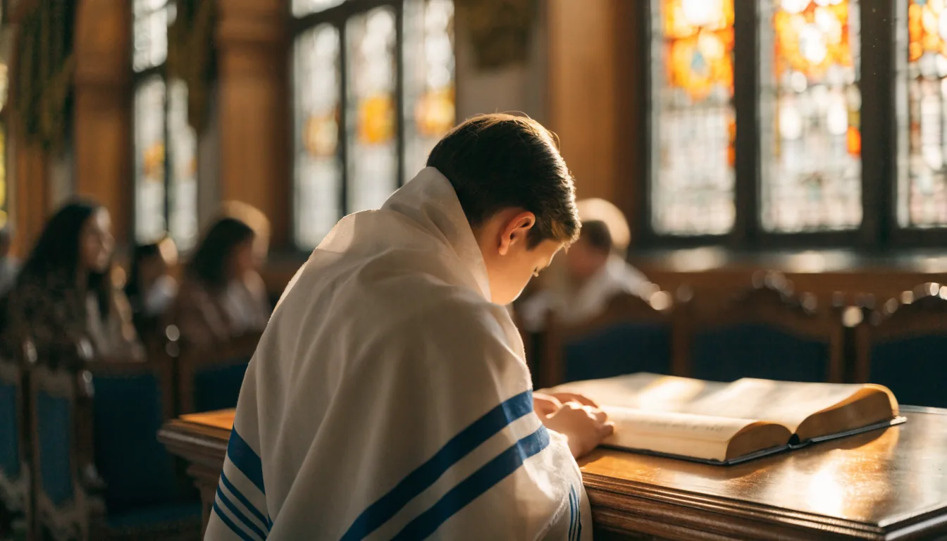 Le bar mitzvah en talith devant le Sefer Torah, à la synagogue