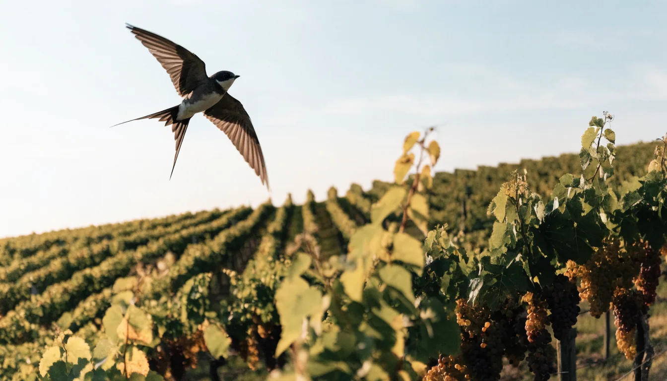 Oiseau prenant son envol au-dessus d'une vigne au soleil
