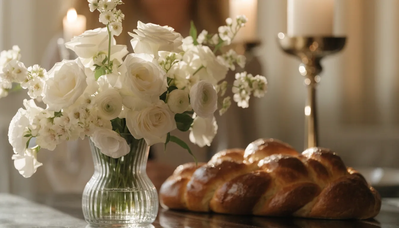 Bouquet de fleurs blanches sur une table de Chabbat dressée