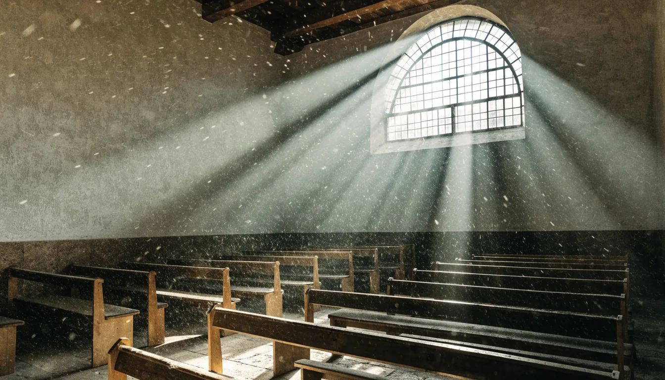Rayons de lumière tombant d'une haute fenêtre dans une synagogue silencieuse