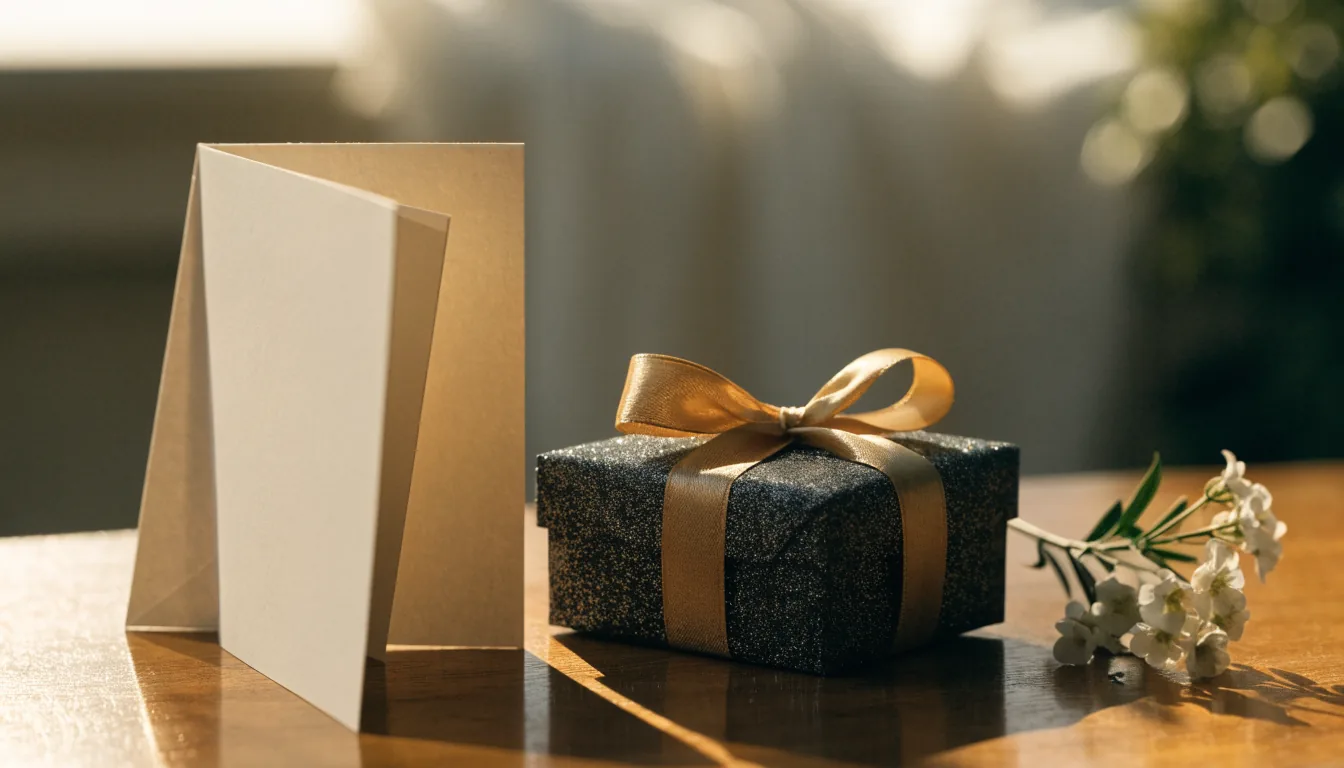 Carte de félicitations, enveloppe et petit cadeau au ruban doré
