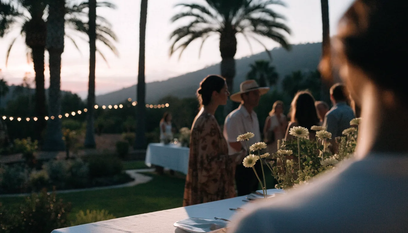 Garden party à Los Angeles au crépuscule, palmiers et guirlandes lumineuses