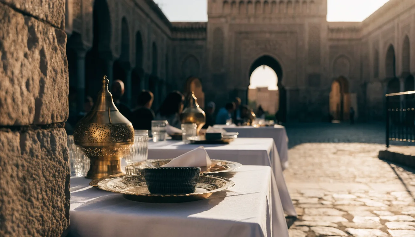 Cour de Meknès dressée pour une fête, devant une porte monumentale