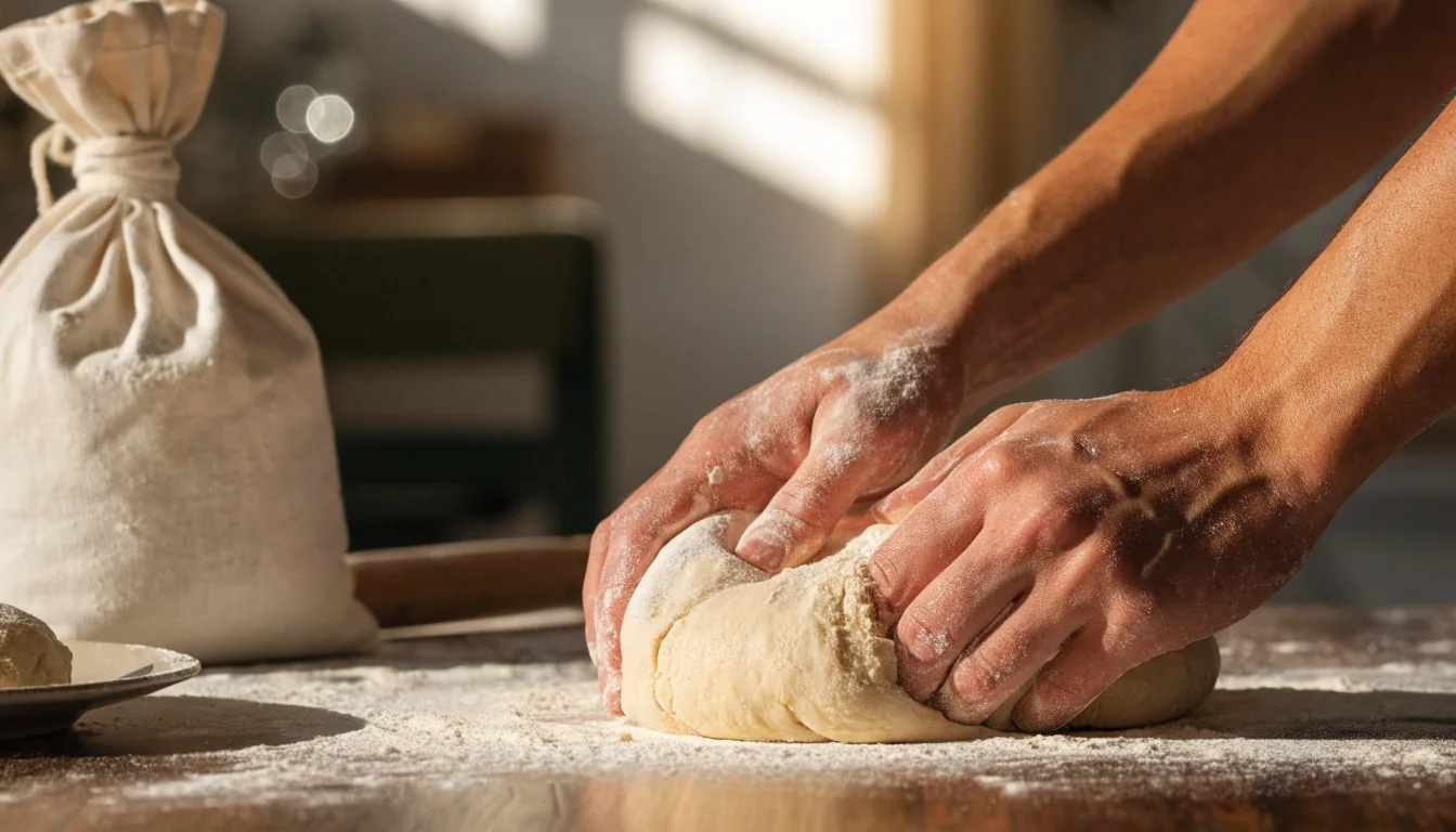 Mains pétrissant la pâte de la hallah, un morceau mis de côté pour la hafrashat hallah