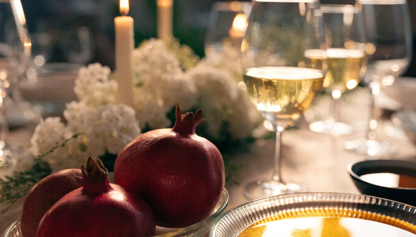 Table de fête avec grenades, miel, fleurs blanches et bougies