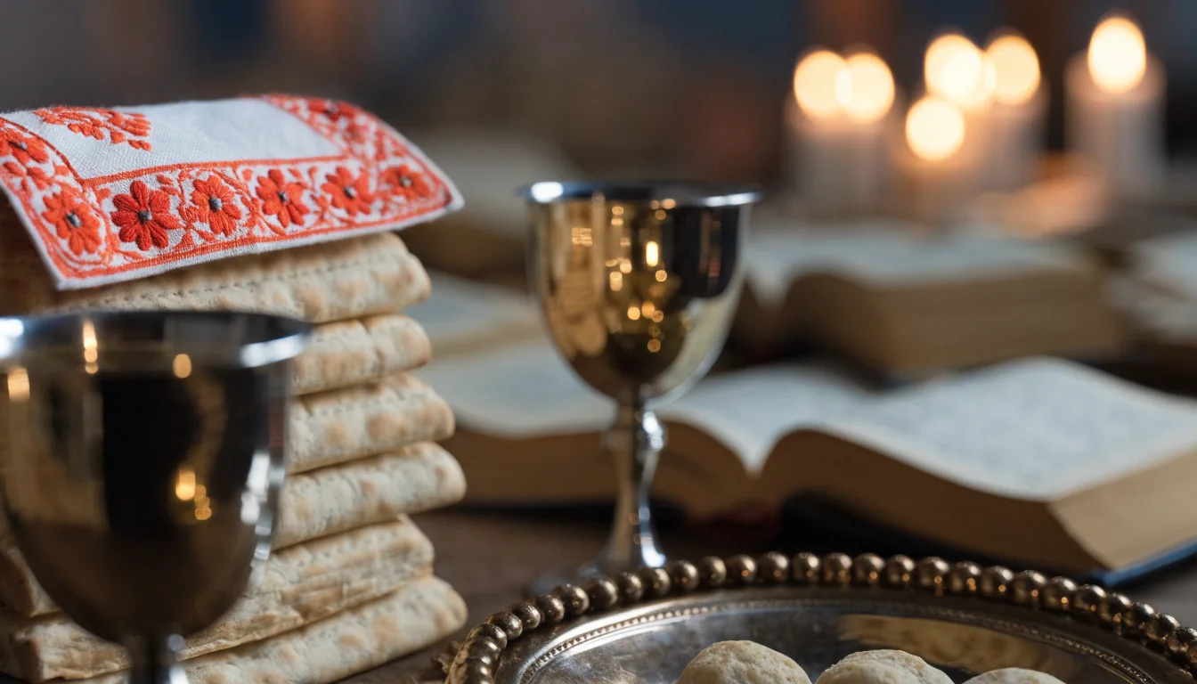 Table du Seder de Pessa'h : plateau, matsot, coupes de vin et Haggadot ouvertes