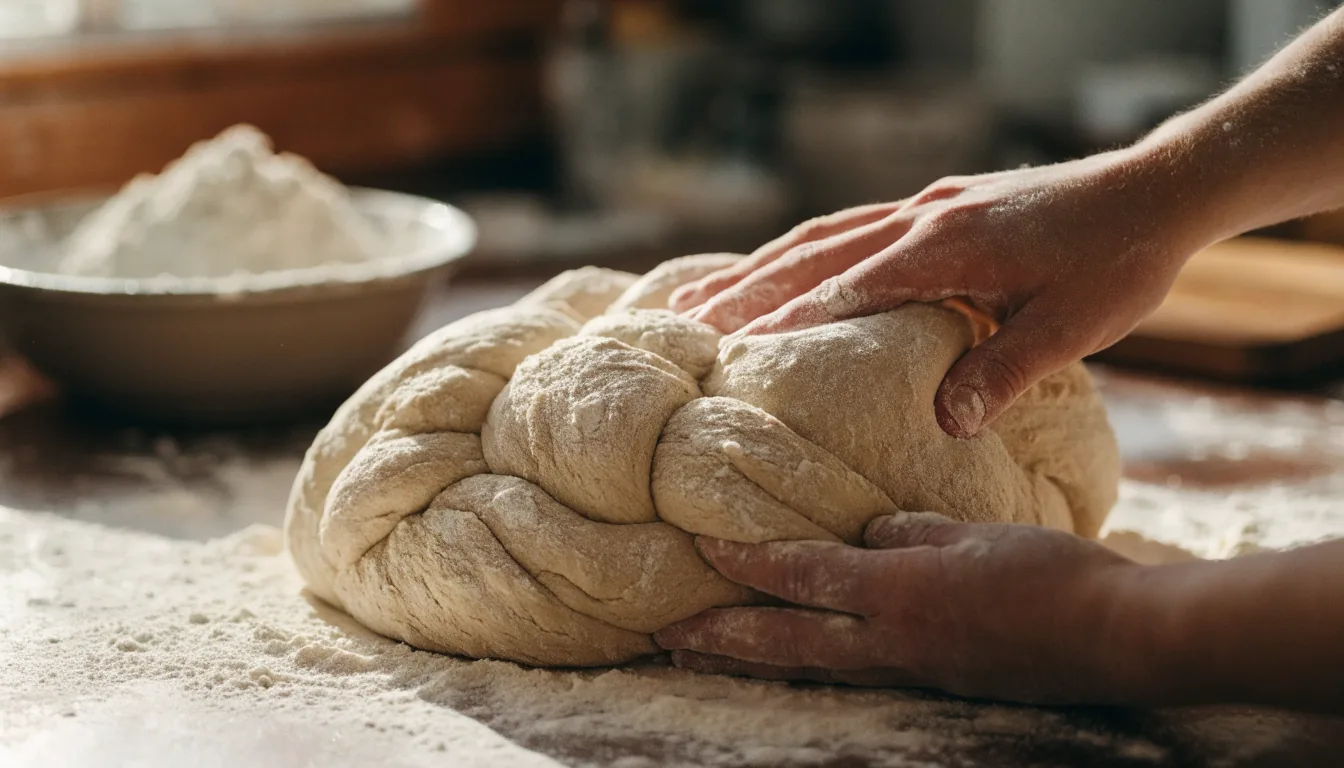 Mains pétrissant une pâte à 'hala sur un plan de travail fariné
