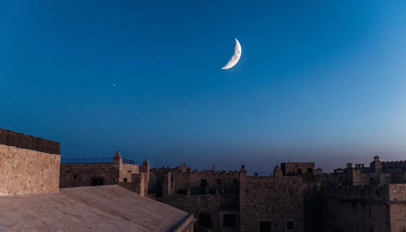Croissant de lune dans un ciel du soir au-dessus de toits en pierre