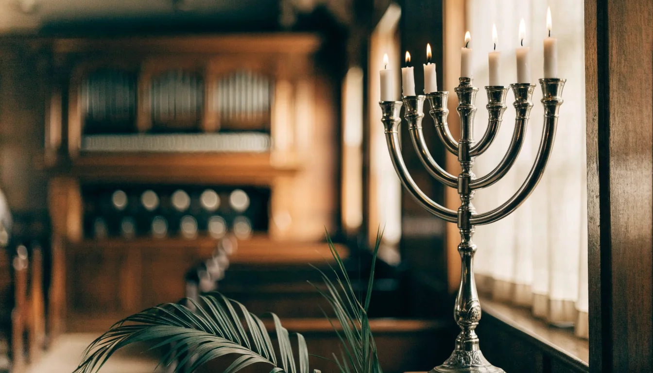 Chandelier à sept branches et palmes dans une synagogue décorée pour la fête