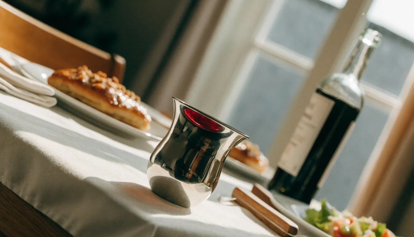 Coupe de kiddouch en argent remplie de vin sur une table de Chabbat dressée pour le déjeuner