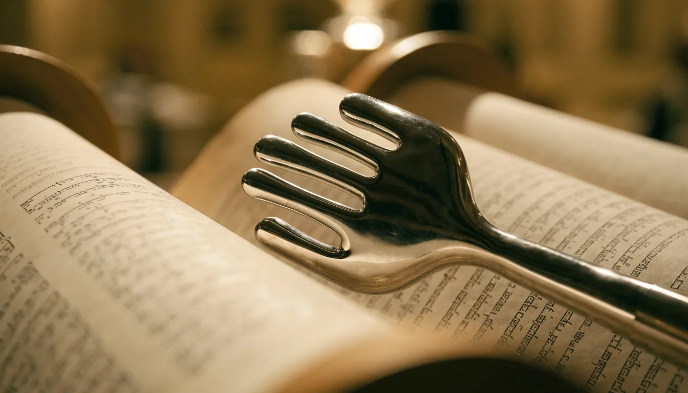 Yad d'argent posé sur un Sefer Torah ouvert