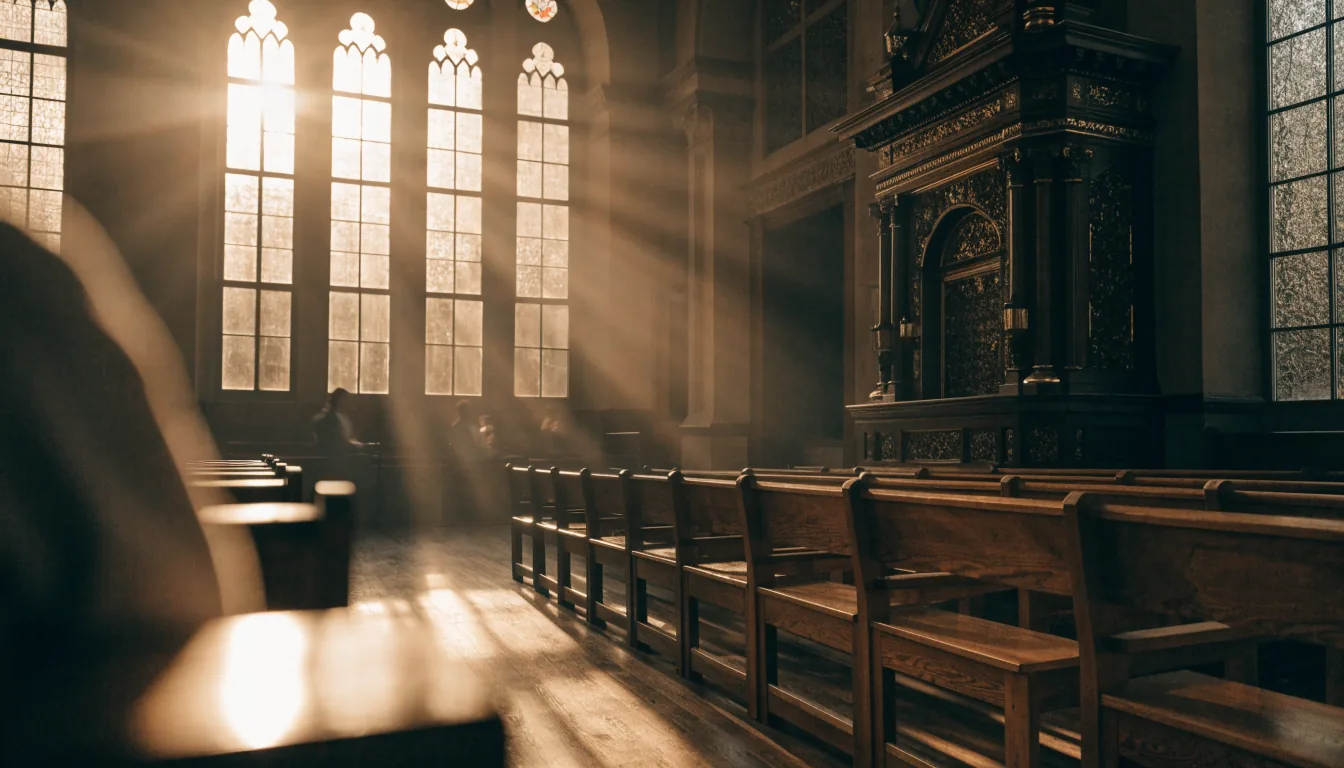 Synagogue au coucher du soleil un vendredi soir, lumière dorée par les fenêtres