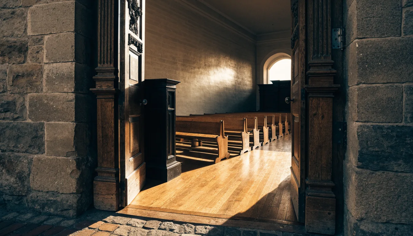 Porte en bois ouverte d'une synagogue, lumière du matin à l'intérieur