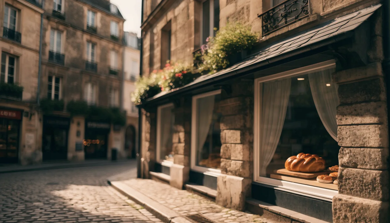 Rue pavée du Marais à Paris et vitrine de boulangerie avec hallot
