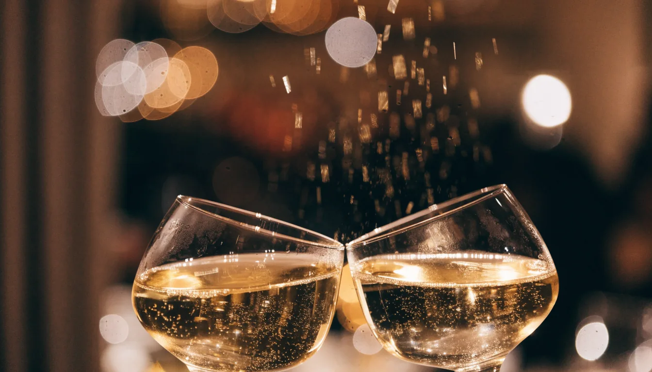 Deux coupes de champagne qui trinquent sous des confettis dorés