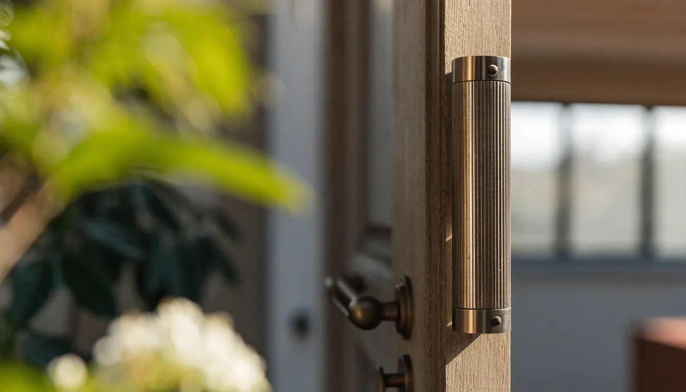 Mezouza en métal fixée verticalement sur le montant d'une porte d'entrée