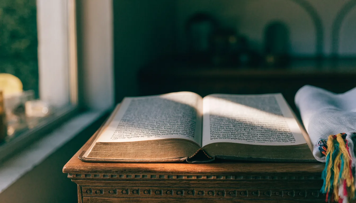 Livre de prières séfarade ouvert sur une table en bois, lumière du matin