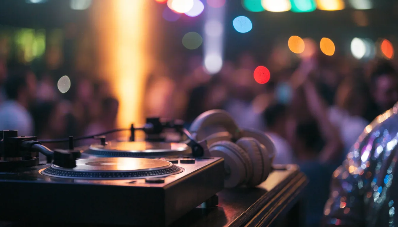 Platines et casque de DJ devant une piste de danse animée