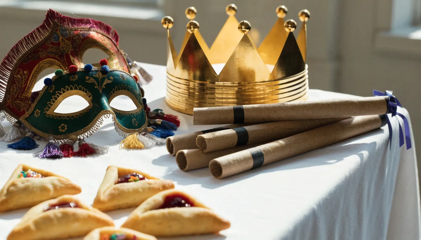 Masques, couronne et hamantaschen sur une table de Pourim