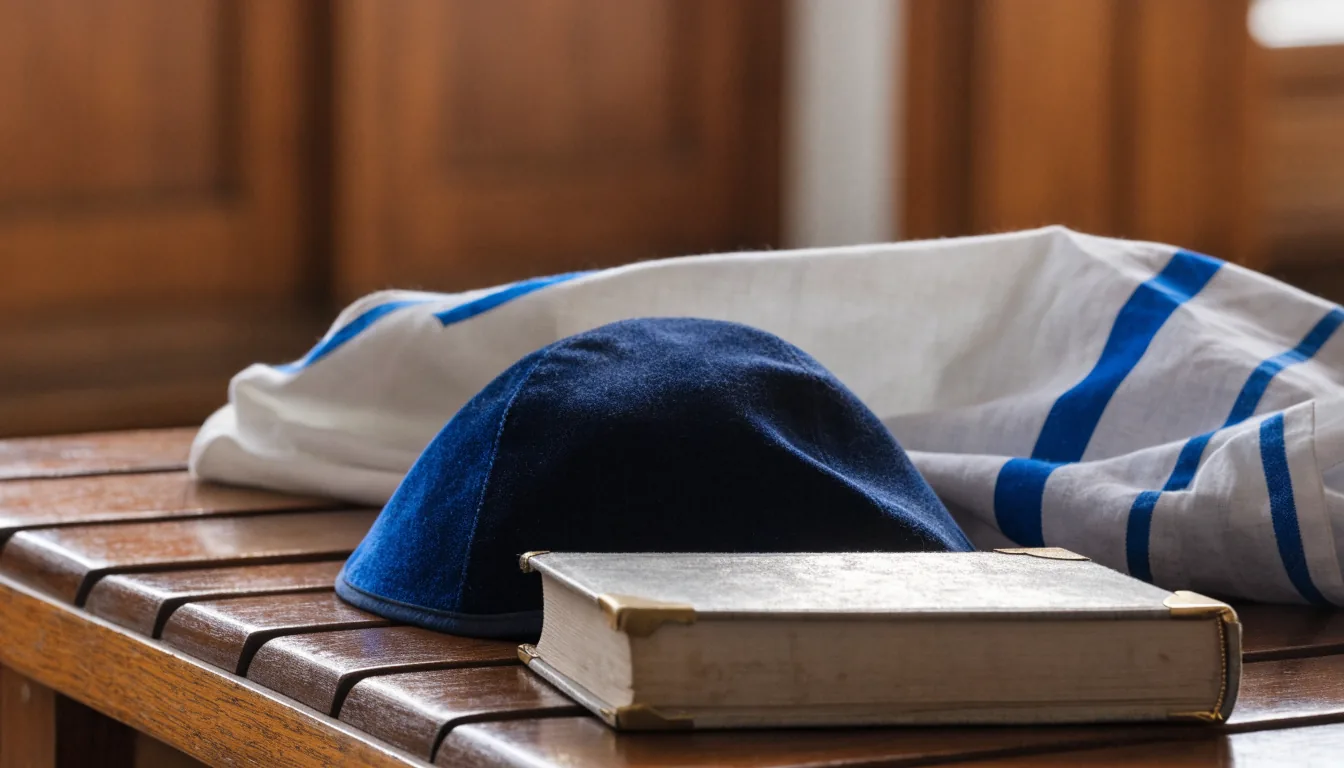 Siddour ouvert, talith et kippa posés sur une table de synagogue
