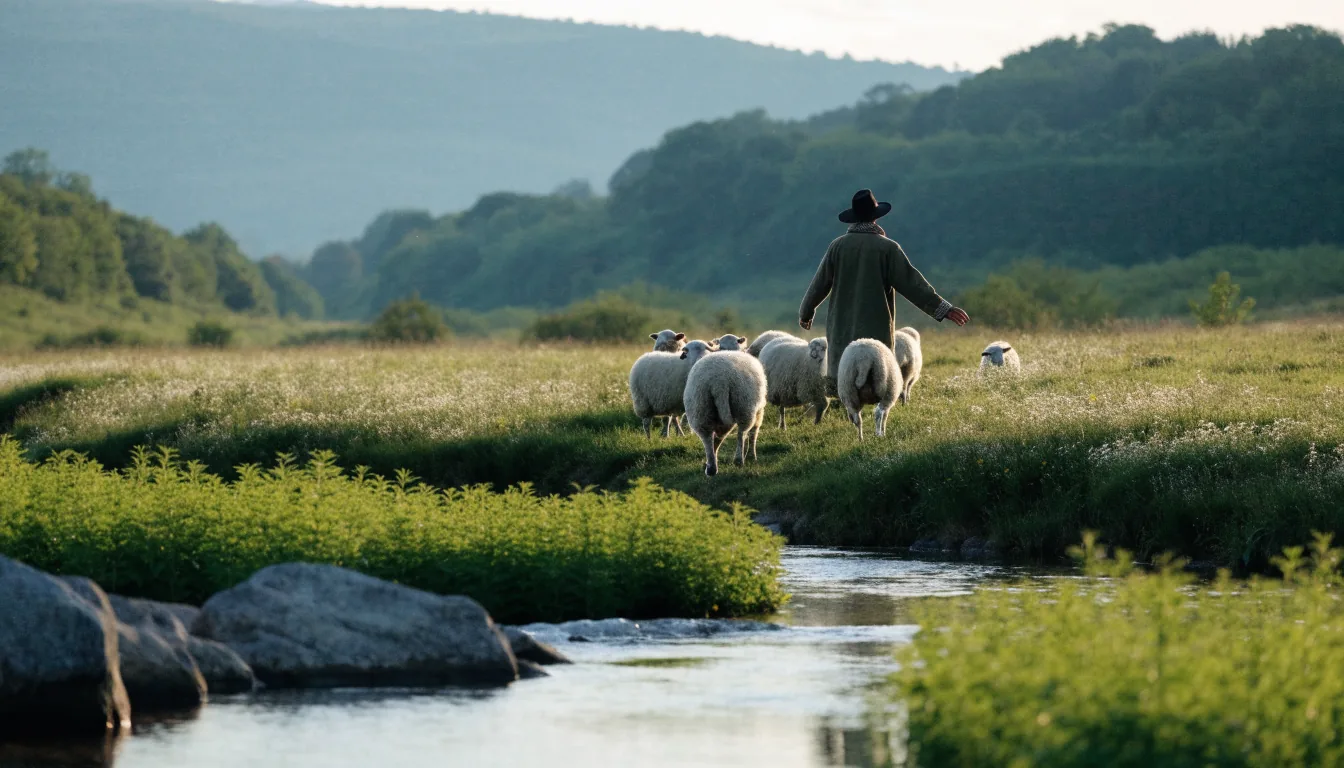 Berger et son troupeau dans une prairie verdoyante au bord d'un ruisseau