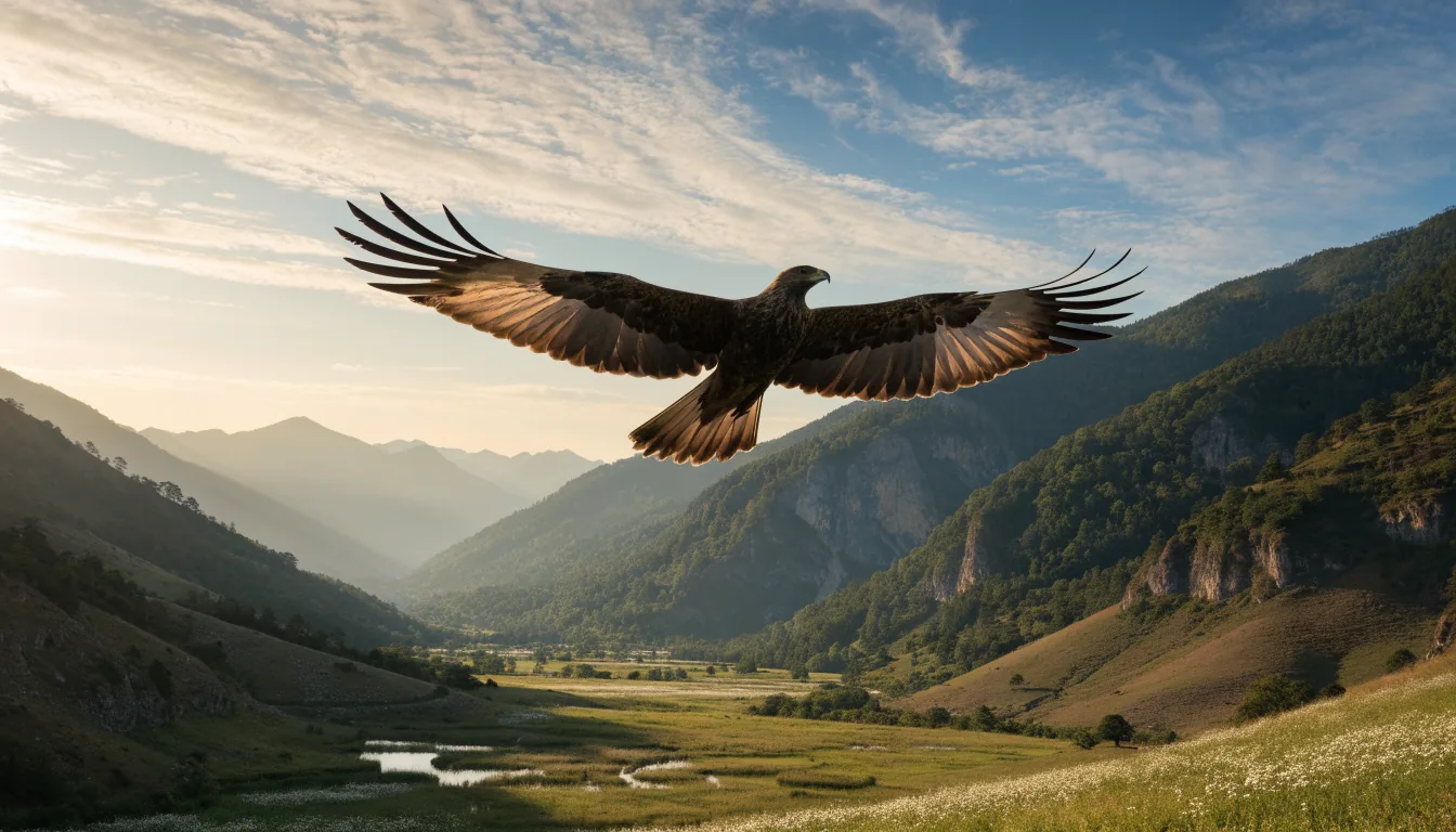 Ailes d'un oiseau déployées dans la lumière, au-dessus d'un paysage paisible