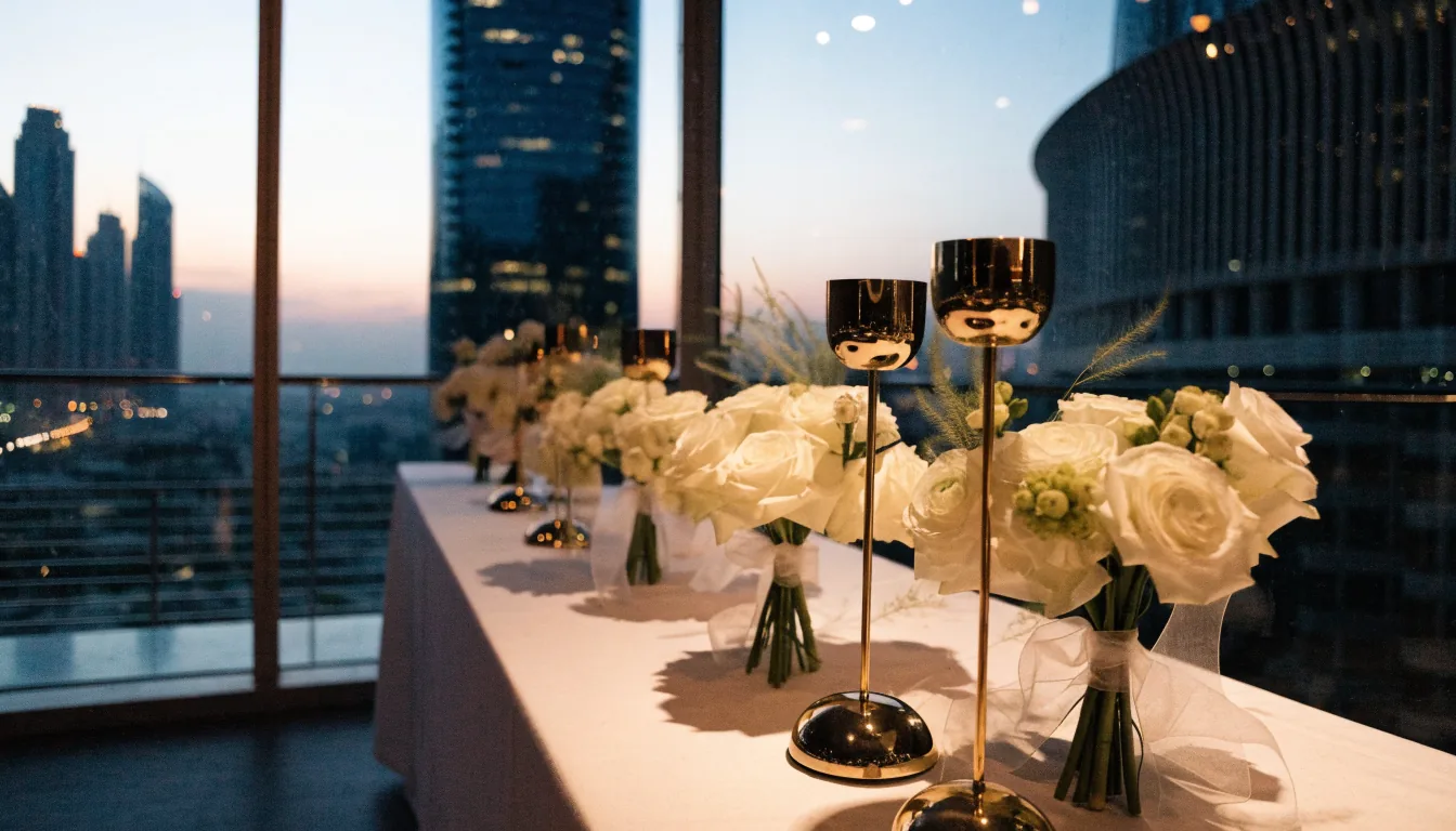 Table de réception fleurie face à la skyline de Dubaï au crépuscule