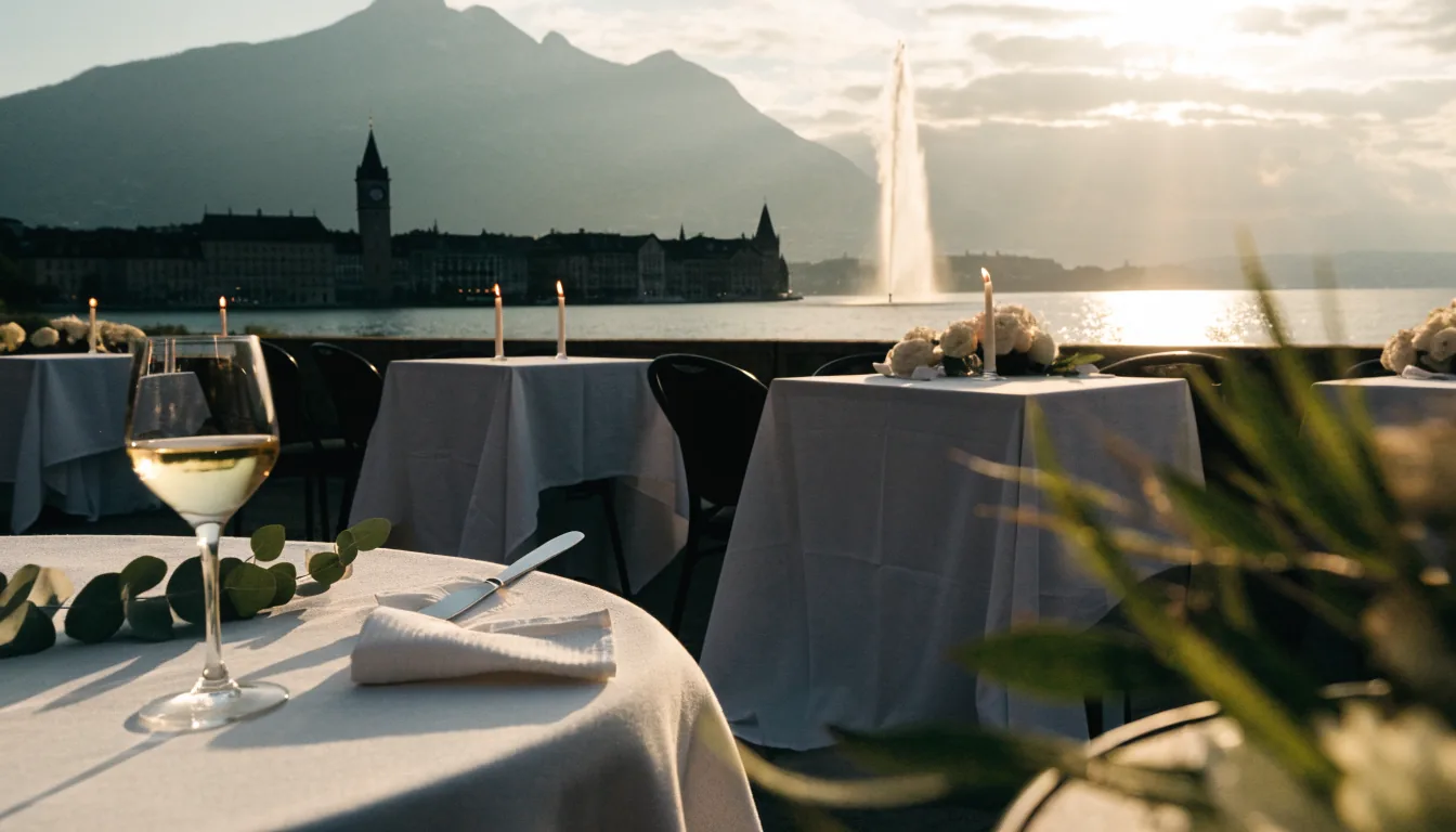 Terrasse de réception à Genève avec le jet d'eau en arrière-plan