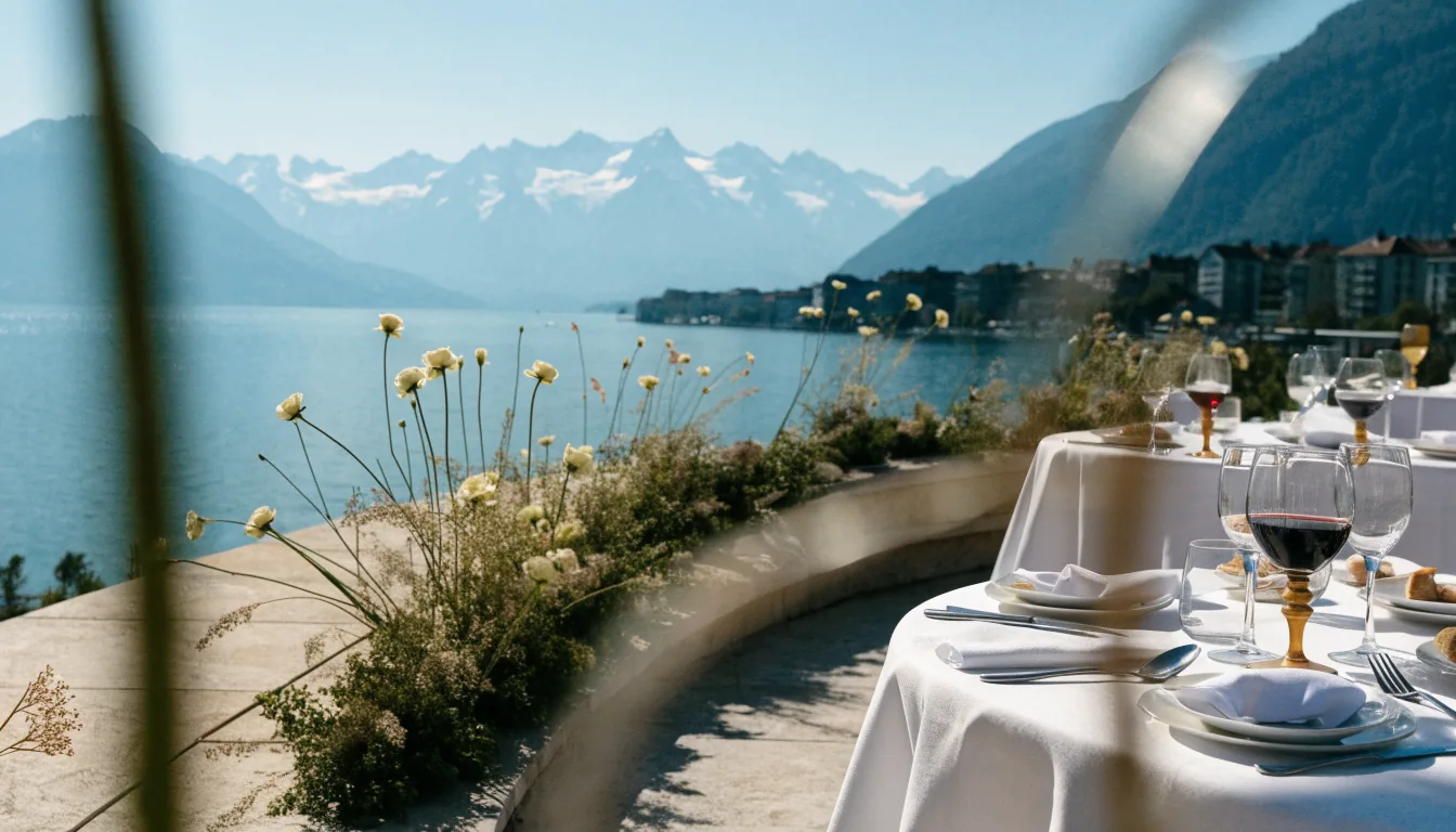 Terrasse au-dessus du lac Léman à Lausanne, face aux Alpes