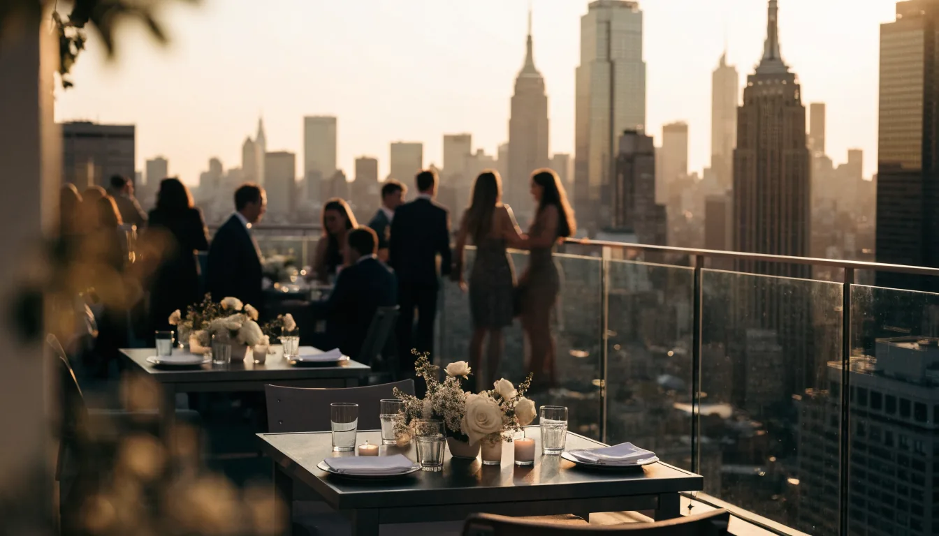 Réception sur un rooftop de Manhattan à l'heure dorée