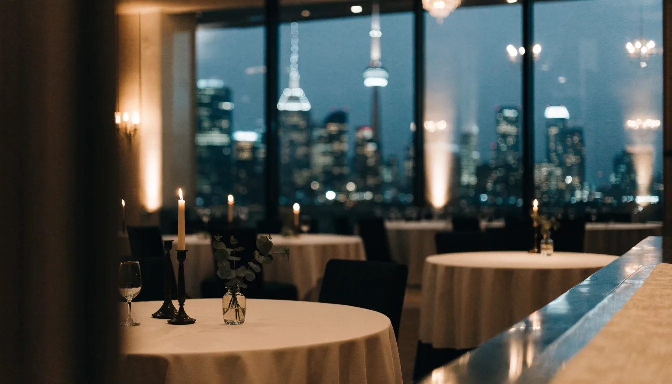 Salle de banquet avec vue sur Toronto et la tour CN de nuit