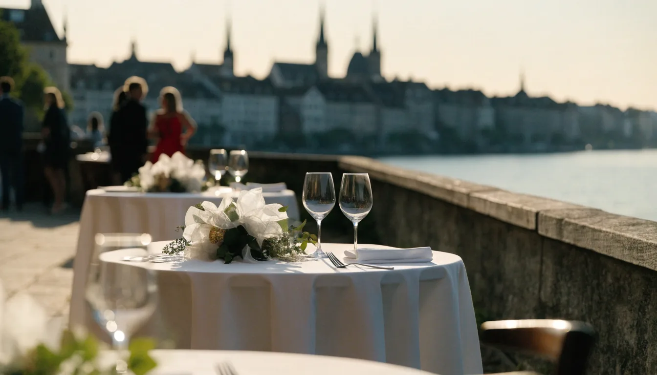 Terrasse au bord du lac de Zurich dressée pour une réception