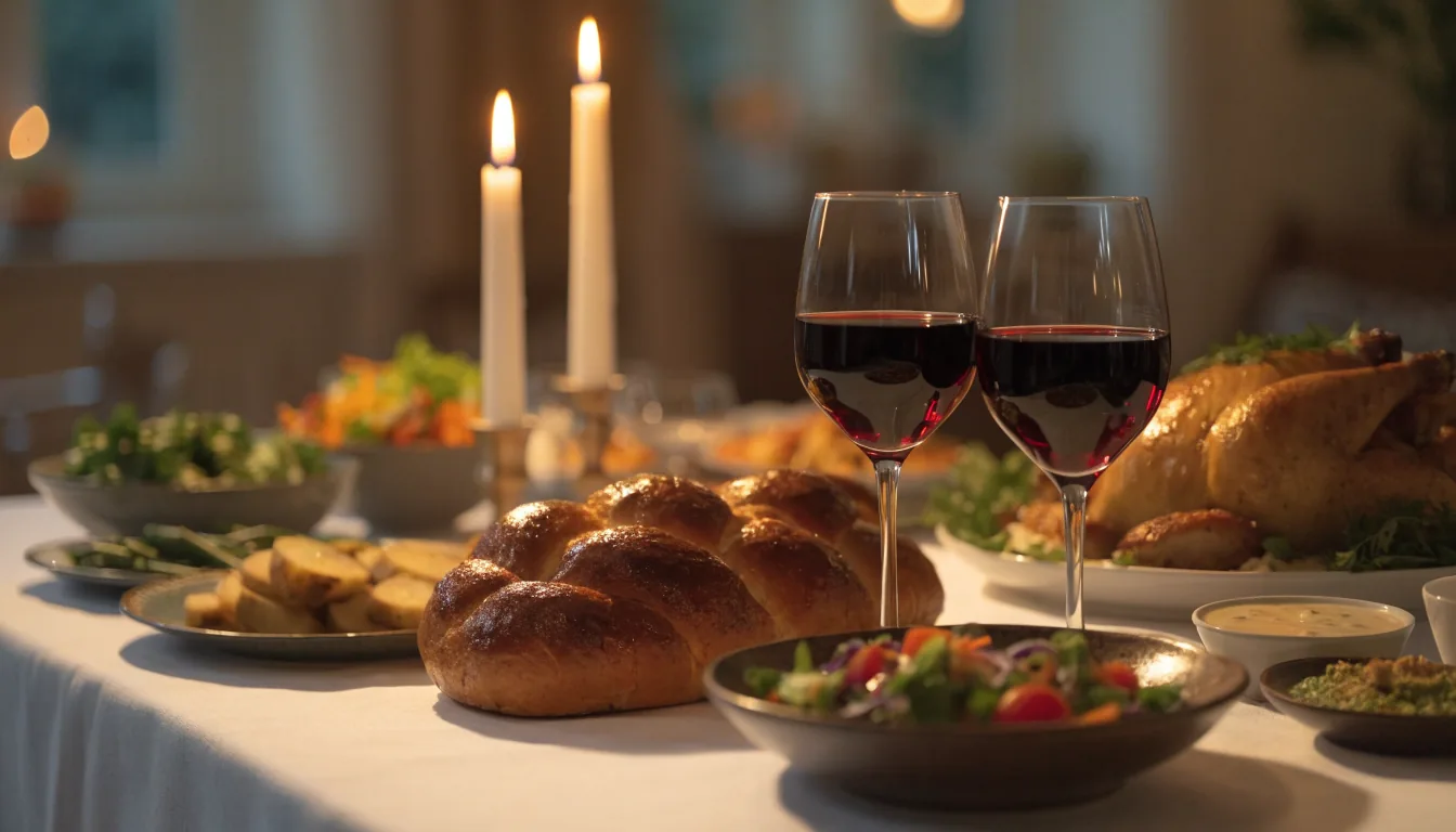Table du repas de Chabbat : hallah, bougies, vin, poulet rôti et salades