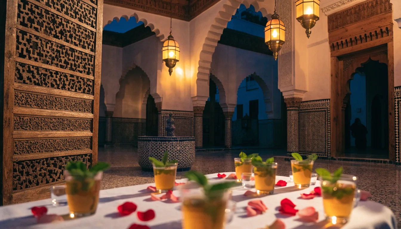 Cour de riad marocain décorée pour une fête de famille, avec lanternes et zellige