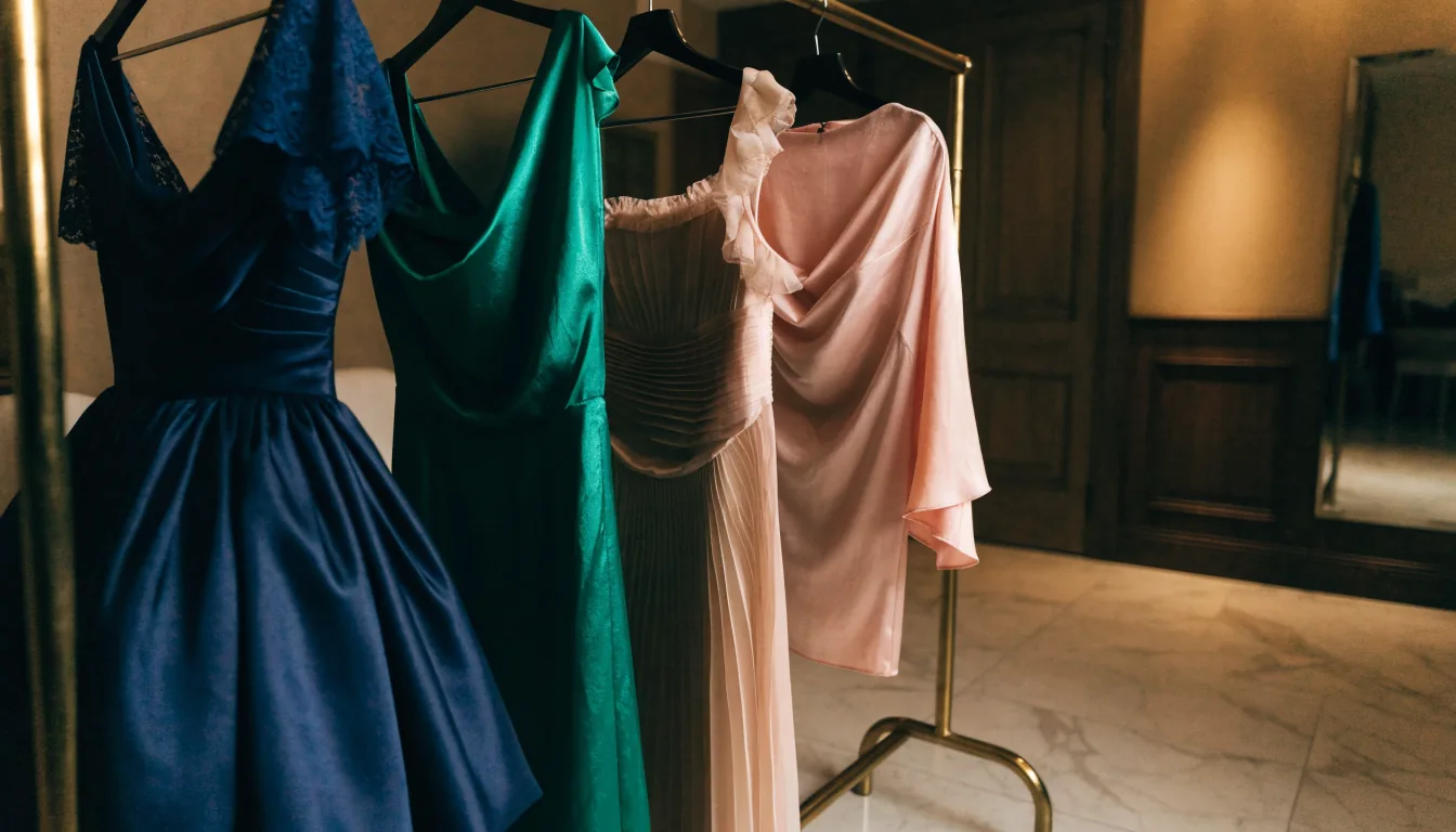 Robes de soirée bleu marine, émeraude, champagne et rose poudré sur un portant