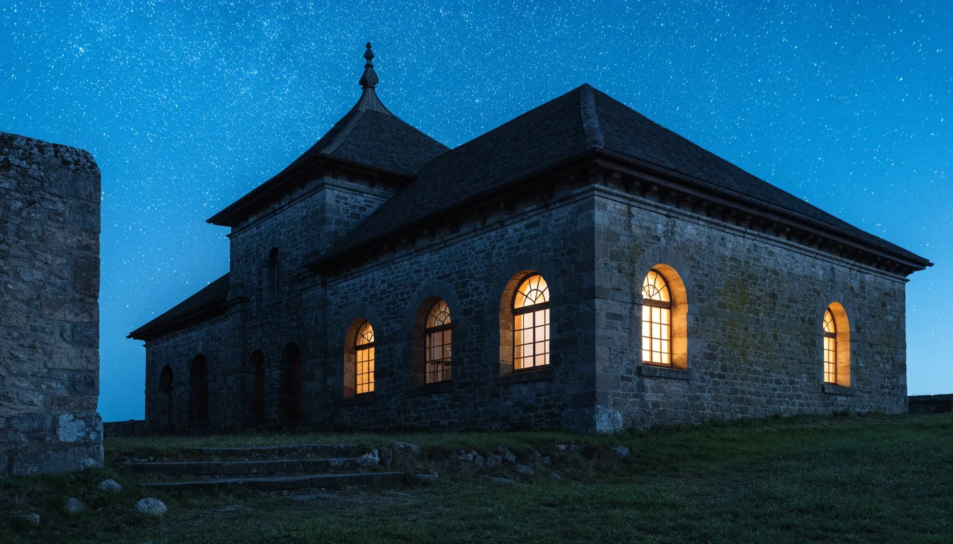 Synagogue éclairée avant l'aube, fenêtres lumineuses sous un ciel étoilé