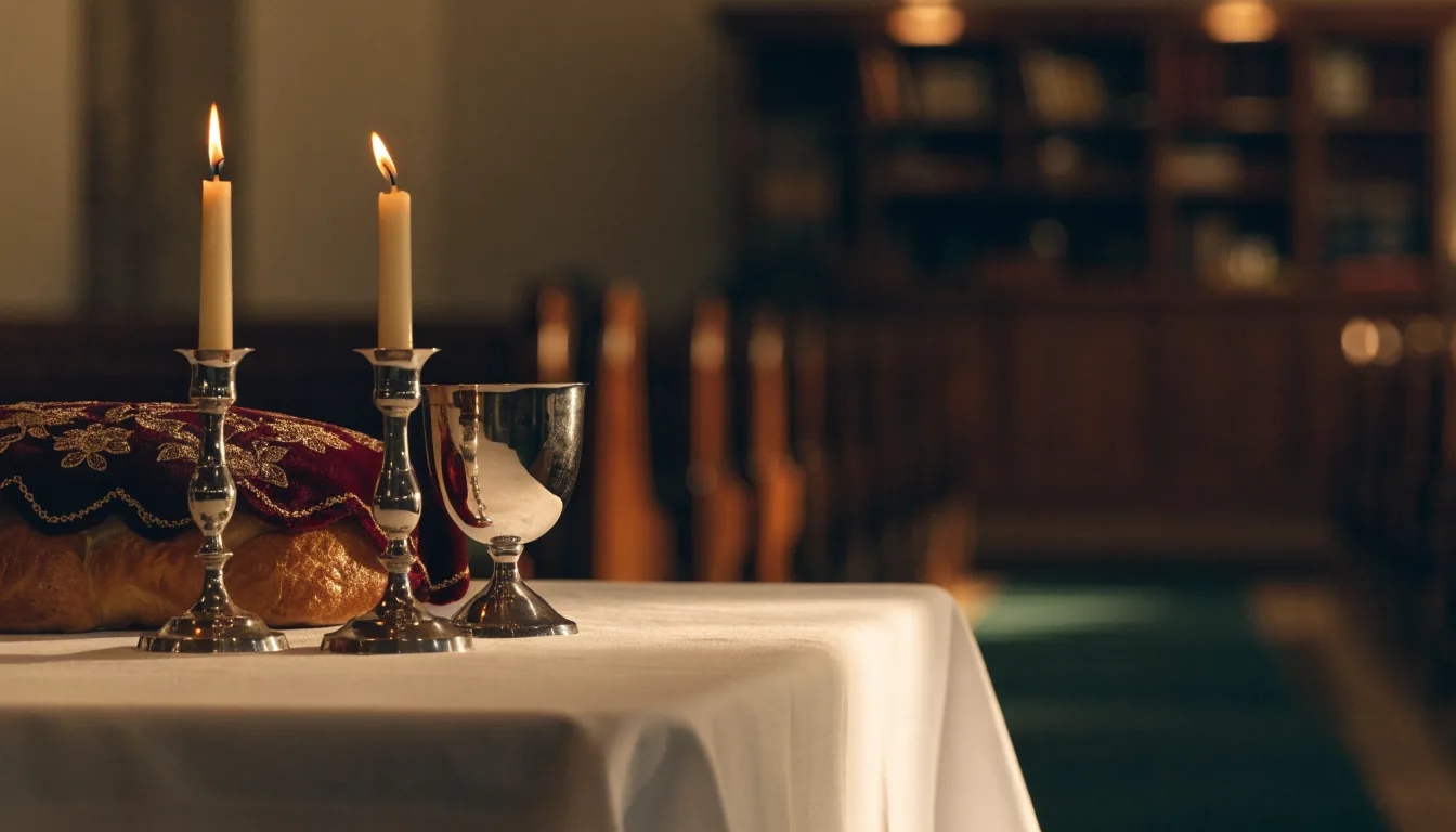 Table de Chabbat avec bougies, hallah sous sa housse et coupe de kiddouch