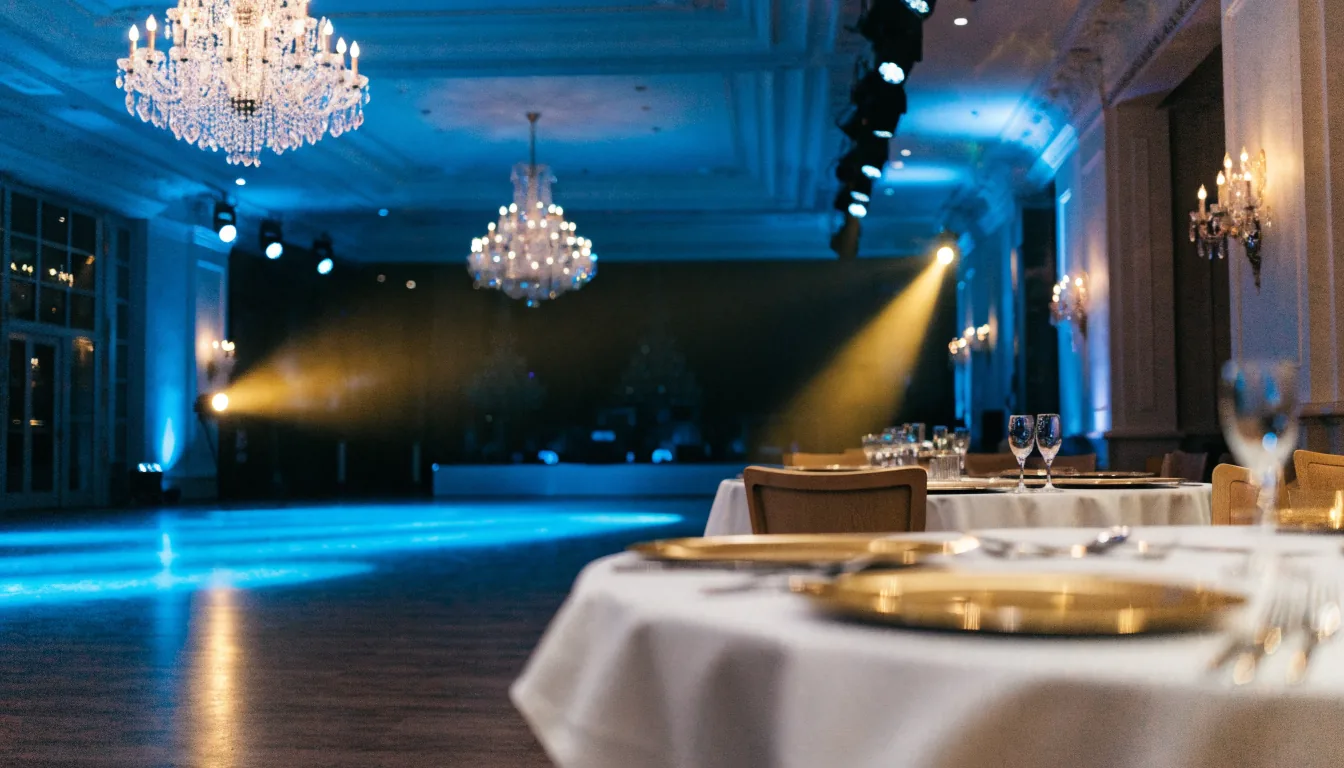 Salle de réception avec lustres de cristal et éclairage bleu et or