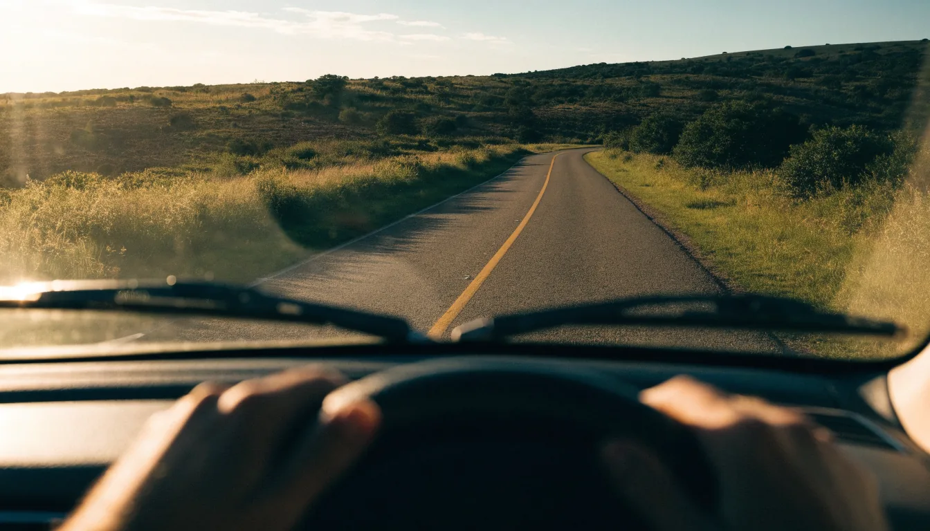Route de campagne au lever du soleil, vue depuis le volant d'une voiture