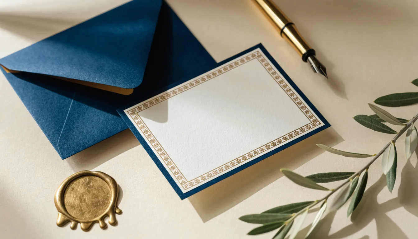 Carton d'invitation bleu marine et or avec enveloppe et sceau de cire