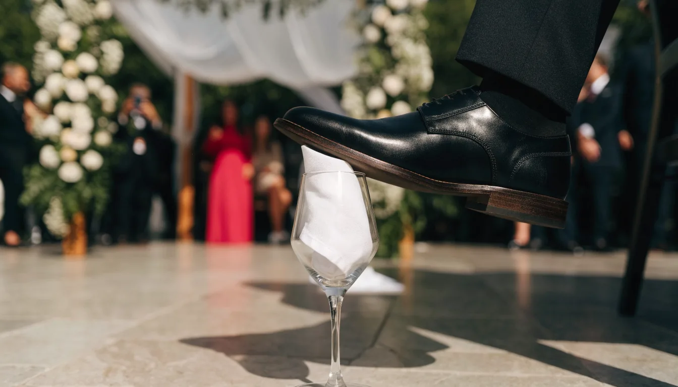 Le marié s'apprête à briser le verre sous la houppa