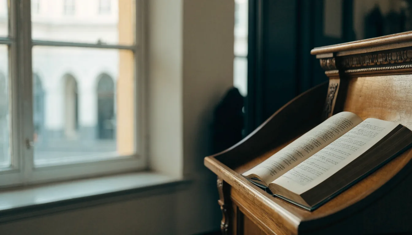 Livre de prières ouvert éclairé par la lumière douce d'une fenêtre de synagogue