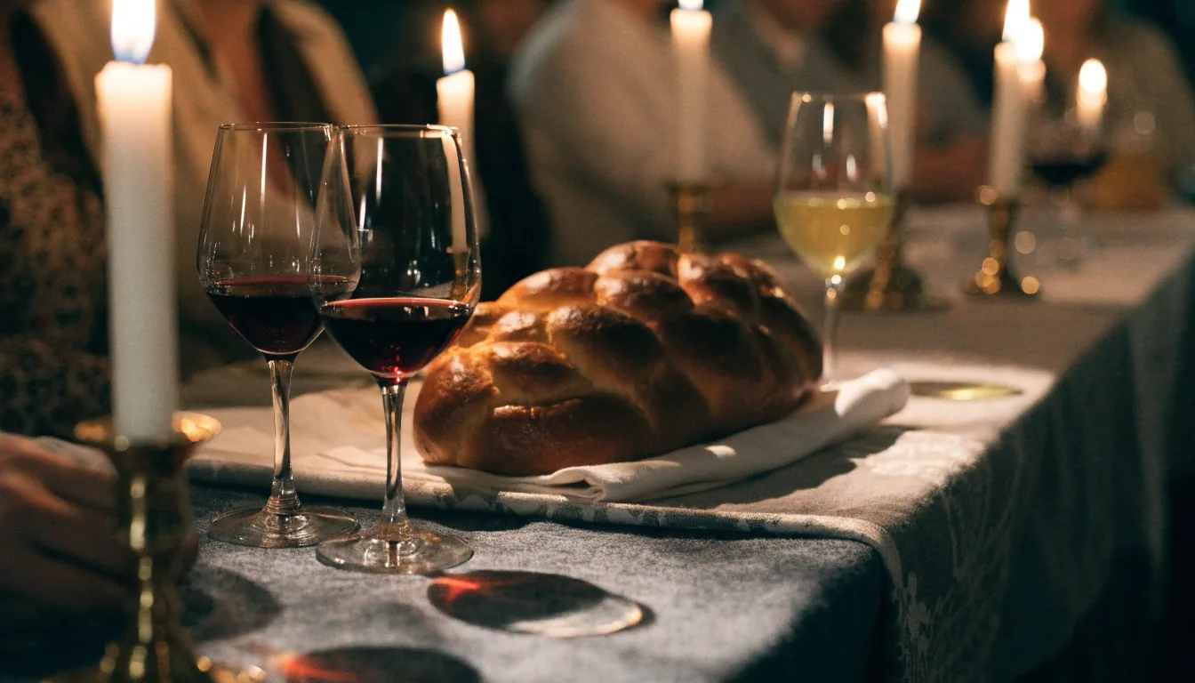 Table de Chabbat le vendredi soir, coupes de vin et hallot, lumière des bougies